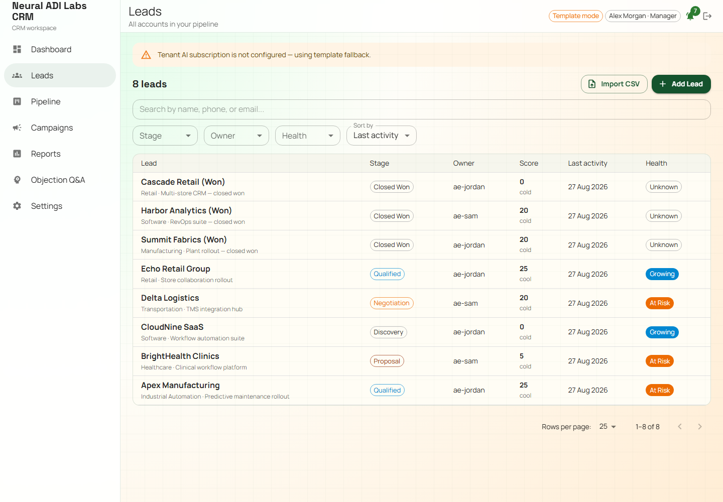 Leads list with demo accounts